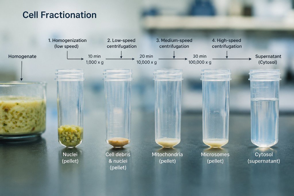 Infographic: cell fractionation by differential centrifugation — nuclei, mitochondria, microsomes, and cytosol